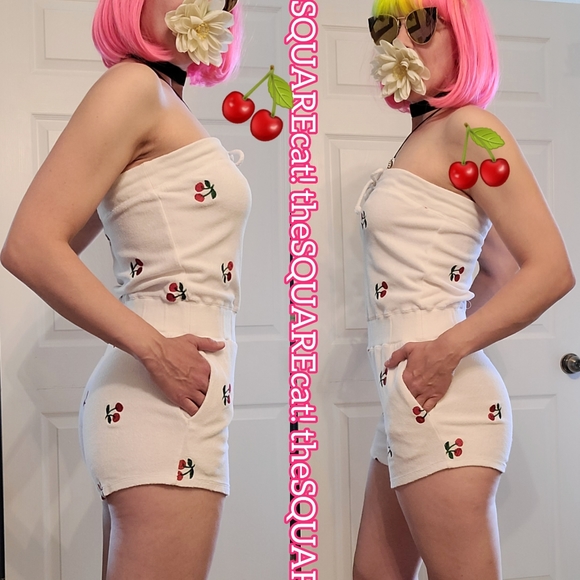 🍒 2 piece SET! Betsey Johnson cherry fruit embroidery hoodie & strapless romper - Picture 2 of 15